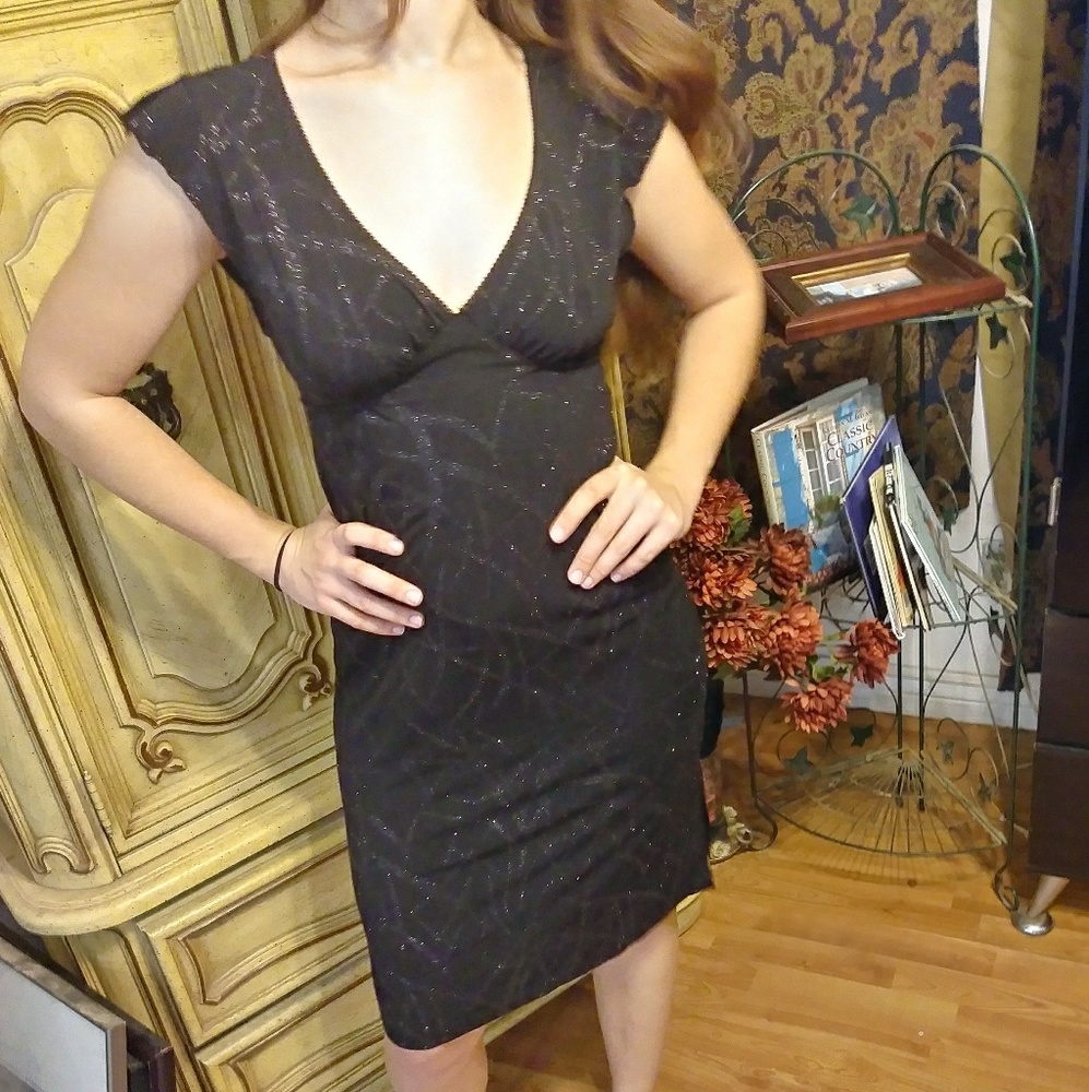 Women Dress Sparkling Black sz L JANETTE B5 v neck short sleeve